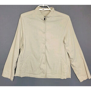 EILEEN FISHER Linen BlendJacket Womens M Beige Button Up Utility Mandarin Collar